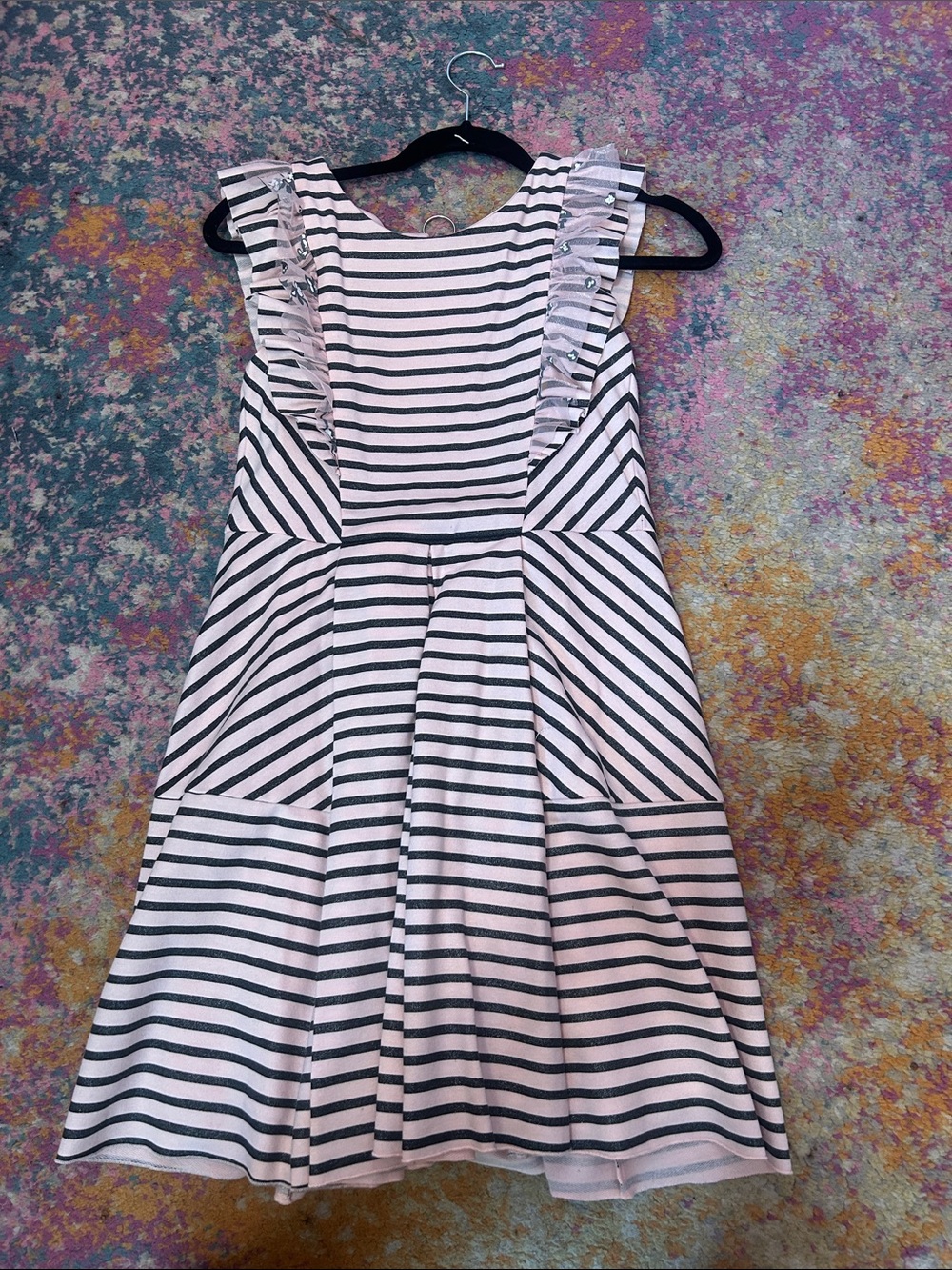 Zoe Ltd Pink and Black Striped Ruffle-Sleeve Dress